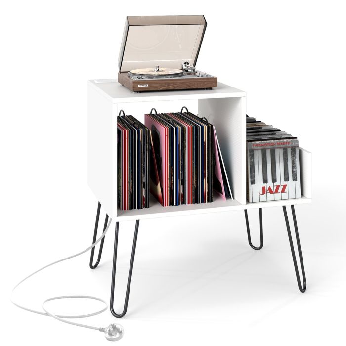 Record Player Stand with Power Outlet and Removable Dividers-White