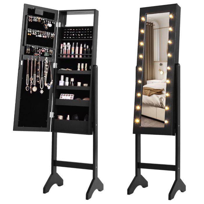 REEL Standing Jewellery Organiser Cabinet with Adjustable Mirror 18 LEDs-Black