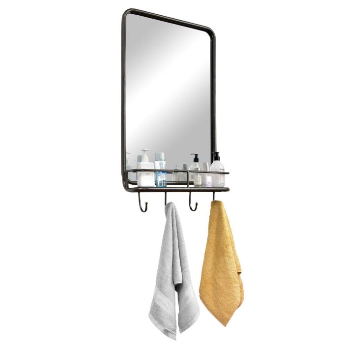 Rectangular Wall Mounted Bathroom Mirror with Shelf and Hooks
