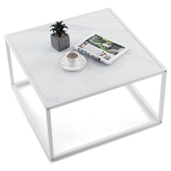 Coffee Table - Modern Square Leisure Coffee Table with Faux Marble Tabletop-White