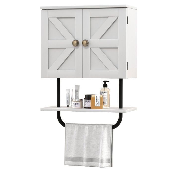 Bathroom Cabinet - Bathroom Wall Cabinet with Double Door and Open Shelf and Towel Rack-White