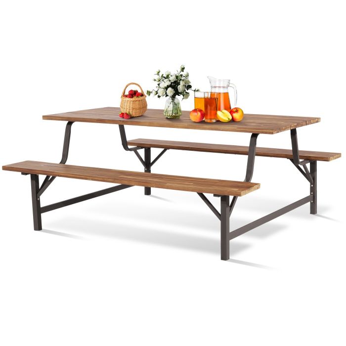 Patio Set - Patio Picnic Table Bench Set with Acacia Wood Tabletop and Seat - Brown