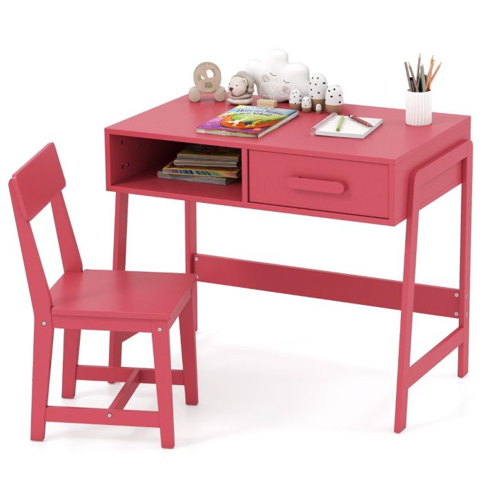 RALO Kids Desk and Chair Set with Drawer and Pine Wood Legs-Pink