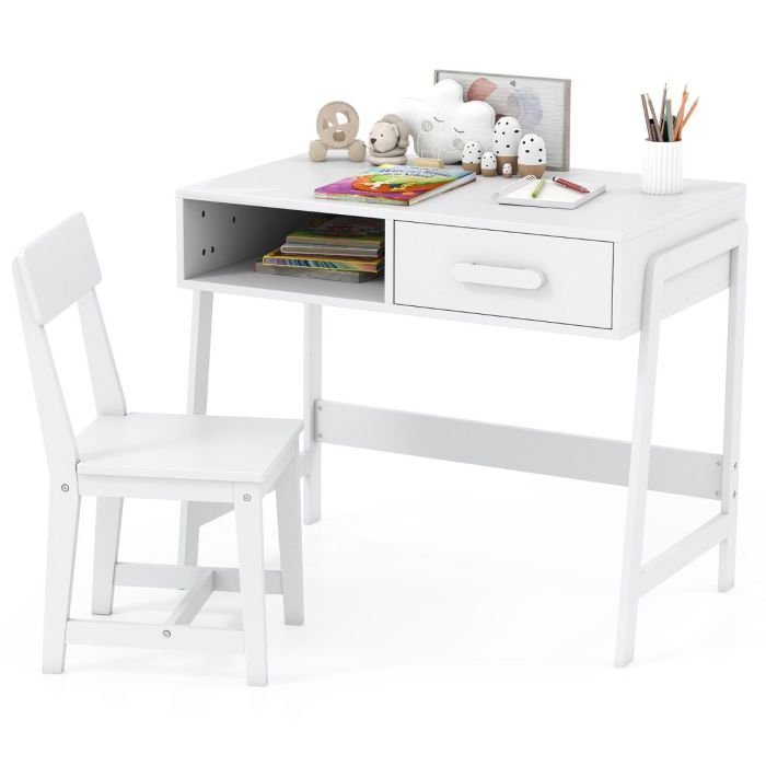 RALO Kids Desk and Chair Set with Drawer and Pine Wood Legs-White