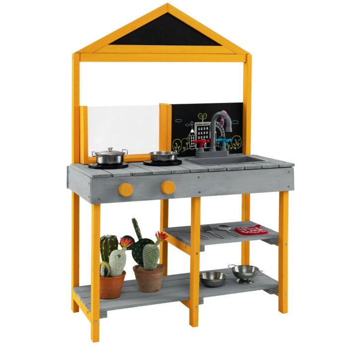 Kids Mud Kitchen Outdoor Kitchen Playset with Educational Plant Viewer-Grey