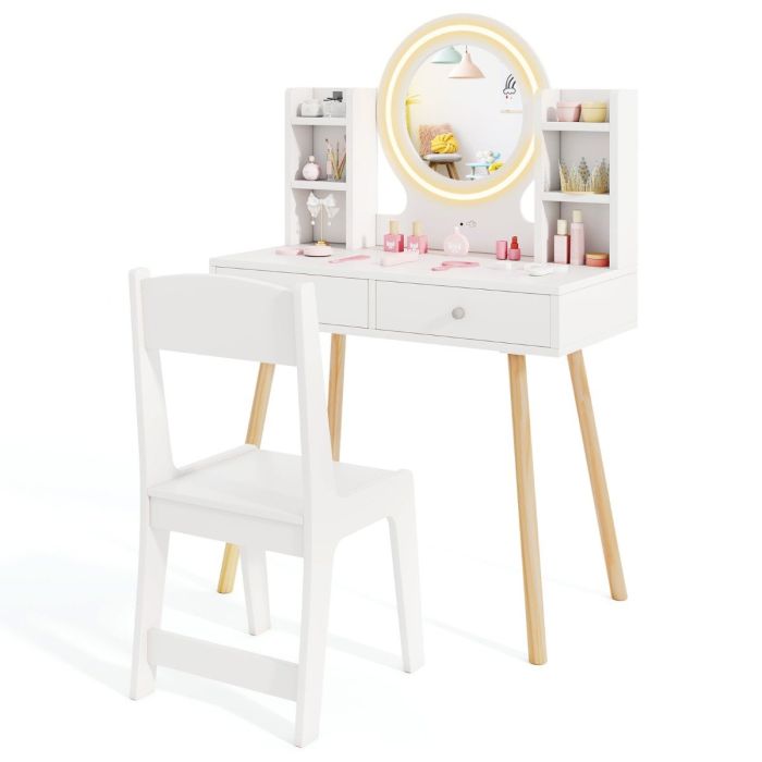 COIN Kids Princess Vanity Desk Set with 2-Color LED Lighted Acrylic Mirror-White