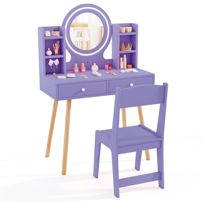 COIN Kids Princess Vanity Desk Set with 2-Color LED Lighted Acrylic Mirror-Purple