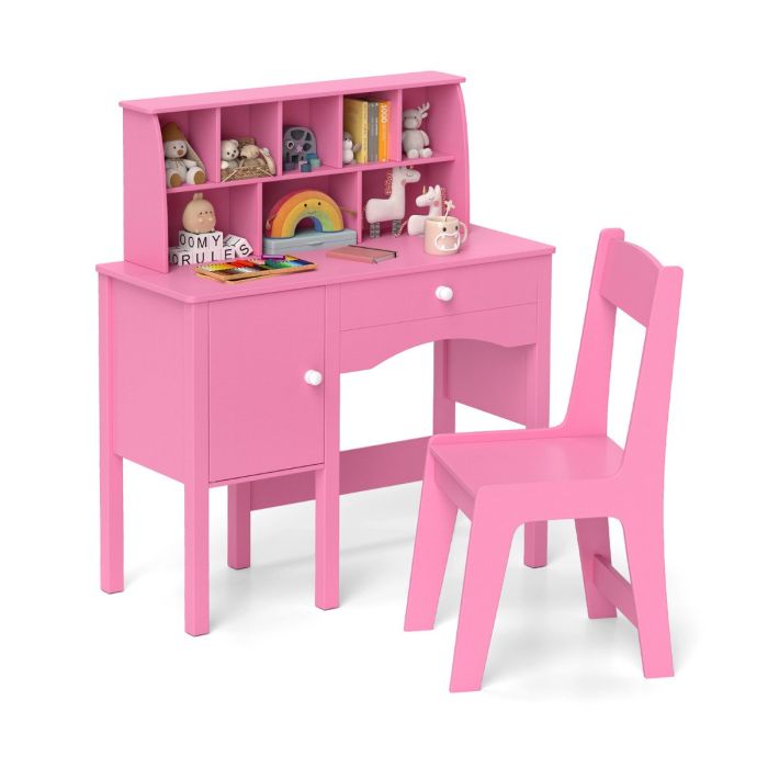 Kids Study Desk and Chair Set with Hutch and Storage Cabinet-Pink