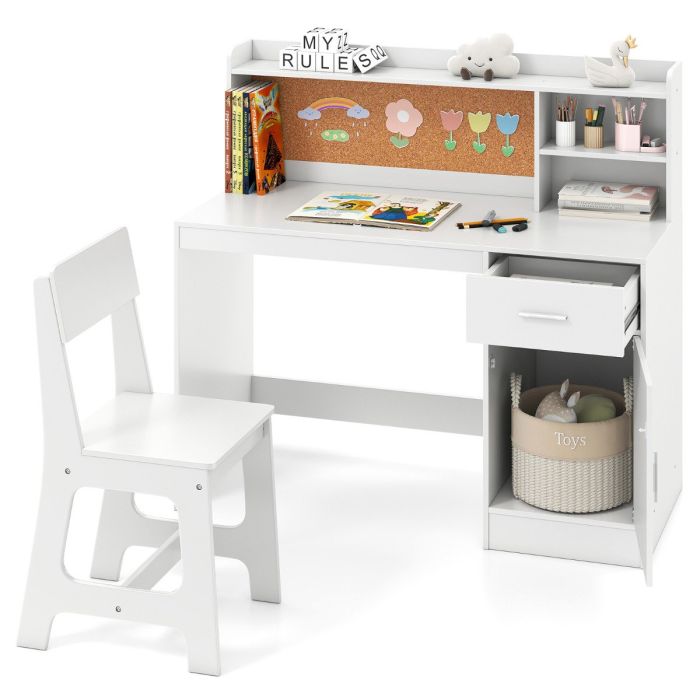 DERLOCK Kids Study Desk and Chair Set with Shelves and Storage Cabinet-White