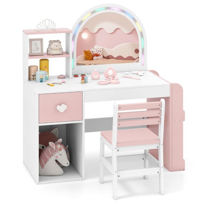 Kids Vanity Table & Chair with Mirror-Pink & White
