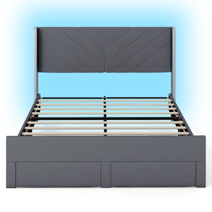 VRIX King Size Bed Frame with LED Lights Dutch Velvet Upholstered Platform Bed-Grey