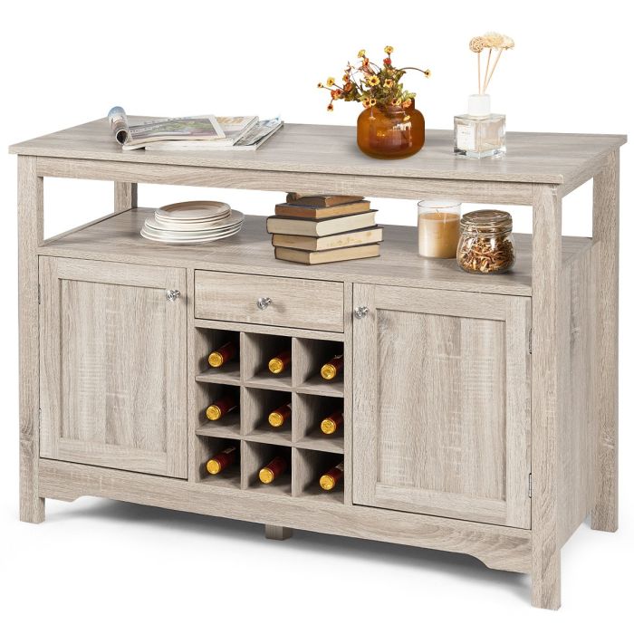 Sideboard - Rustic Cupboard Storage Organizer with 2 Cabinets and 1 Drawer and 9-Bottle Wine Rack-Grey