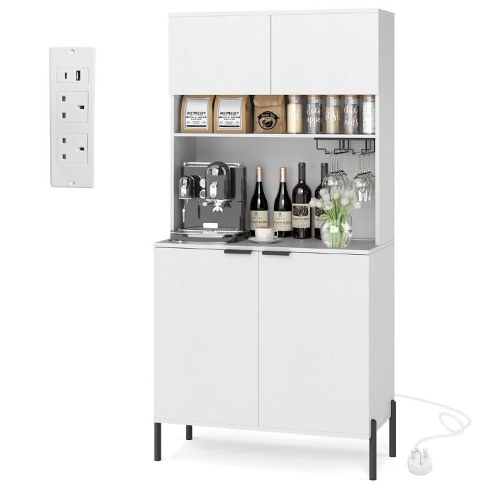 HALVERDEN Kitchen Pantry Cabinet with Power Outlets and Wine Racks-White