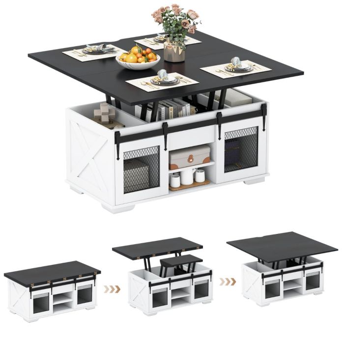 ZIREL Lift Top Coffee Table with 2 Sliding Barn Doors and Open Shelves-Black