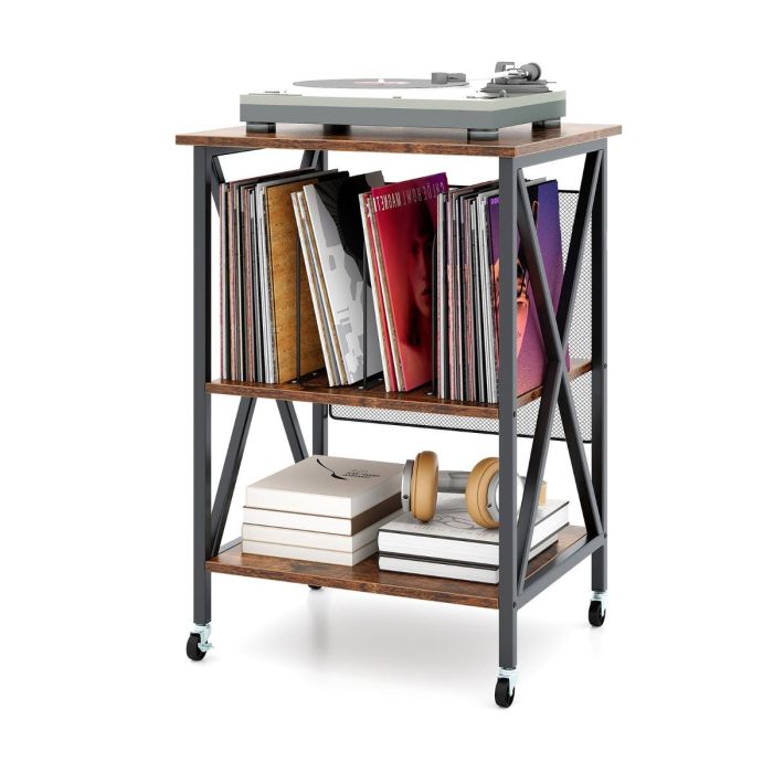TRELIX Mobile Record Player Stand with Vinyl Storage Shelves and Dividers-Rustic Brown