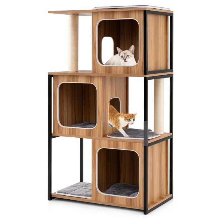 Modern Cat Tree with Metal Frame and Padded Top Perch for Indoor Kittens-Natural