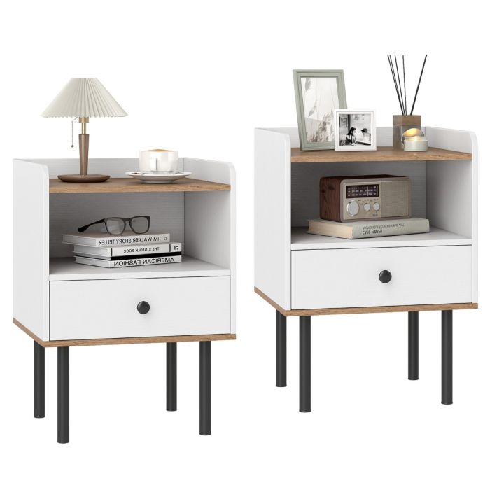 DOREX Set of 2 Side Tables with Drawer & Metal Legs-White
