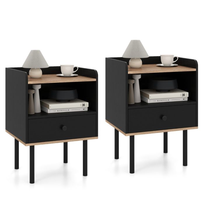 DOREX Set of 2 Side Tables with Drawer & Metal Legs-Black