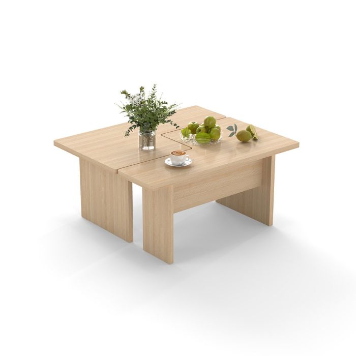 GREYLOCK Modular Coffee Table Set of 2 L Shaped Center Tables for Small Space-Oak
