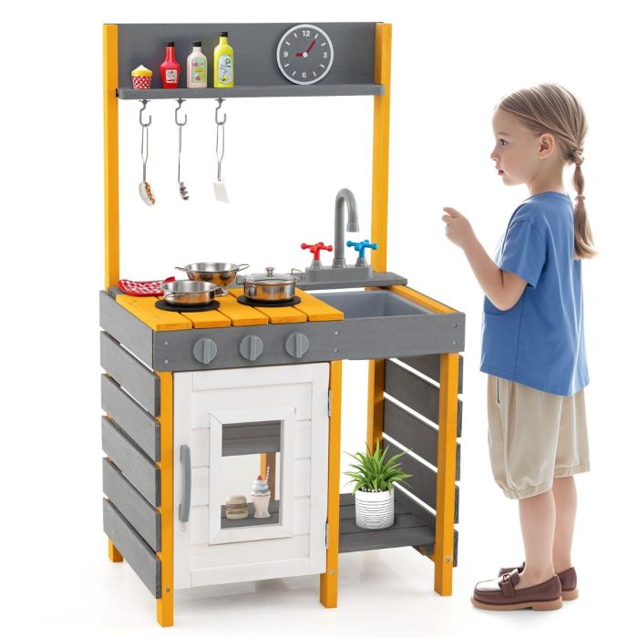 Mud Kitchen for Kids with Stoves Removable Sink and Faucet-Grey