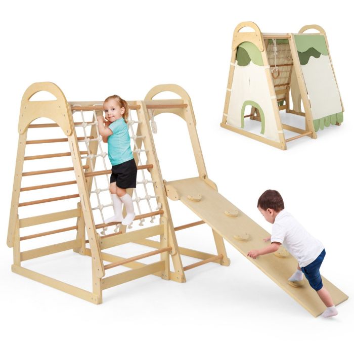 TARLON Multi-functional Kid's Climbing Toy with Slide and Climbing Net-Natural