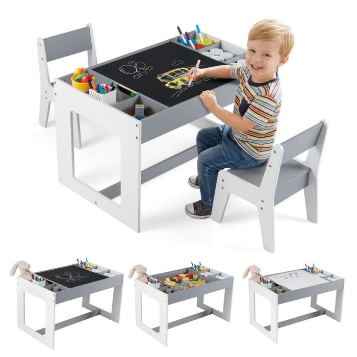 ZVION Multifunctional Kids Table and 2 Chairs Set with Whiteboard-Gray & White