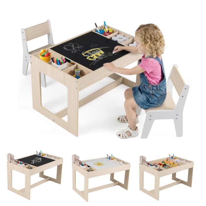 ZVION Multifunctional Kids Table and 2 Chairs Set with Whiteboard-Natural & White