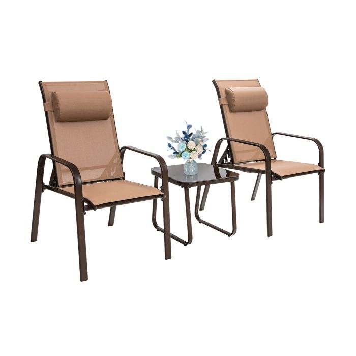 Patio Set - 3 Pieces Patio Bistro Set with Coffee Table and 2 Stackable Chairs - Brown
