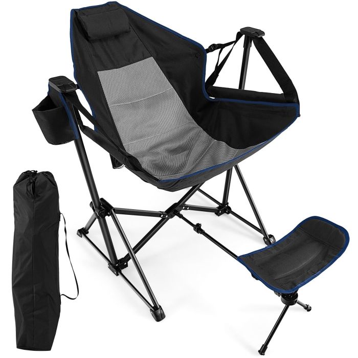 Folding Hammock Chair with Retractable Footrest and Bag Black
