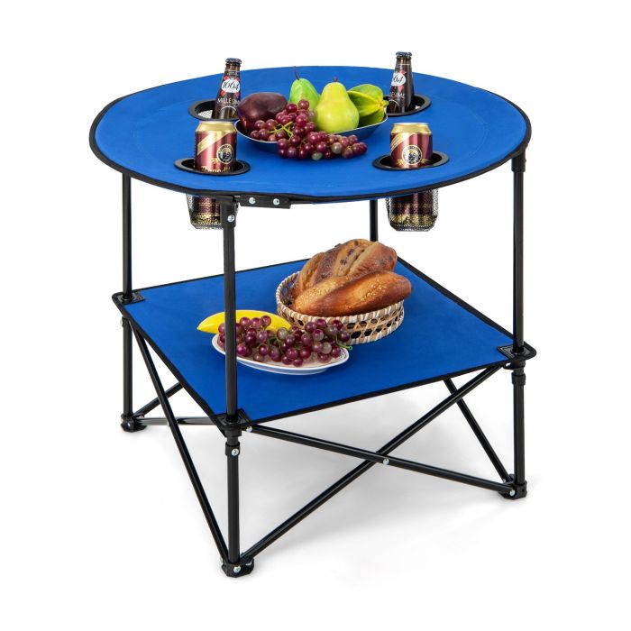 Camp Furniture - 2-Tier Foldable Camping Table Portable Picnic Table with Carrying Bag-Blue