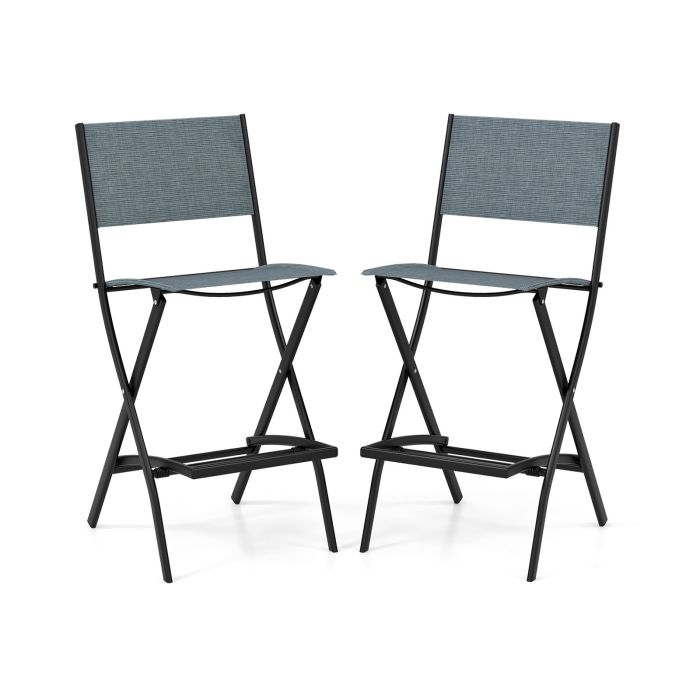 Garden Chair - Folding Bar Height Stool with Metal Frame and Footrest-Blue