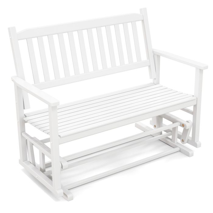2 Seats Outdoor Glider Bench with Armrests and Slatted Seat - White