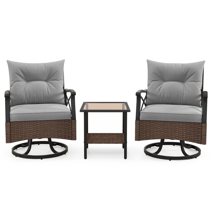 Patio Set - 3 Piece Patio Swivel Rocker Set with 2Tier Coffee Table - Grey
