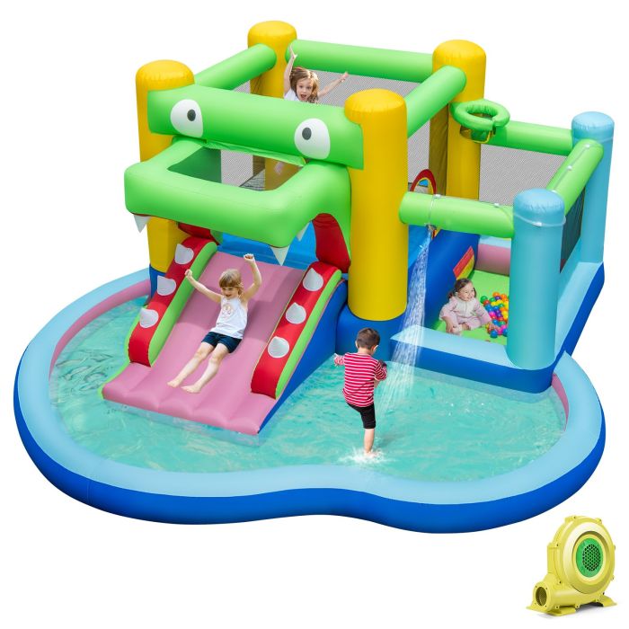 Bounce Castle - 5-in-1 Inflatable Bounce House Crocodile Water Park with Splash Pool with 680W Blower