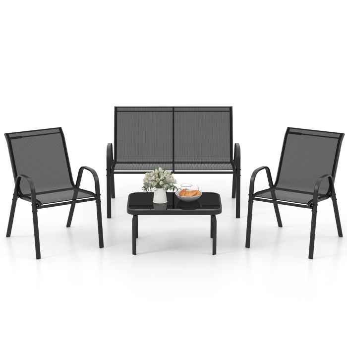 TYVEX 4-Piece Garden Table & Chair Set with Glass Top-Black