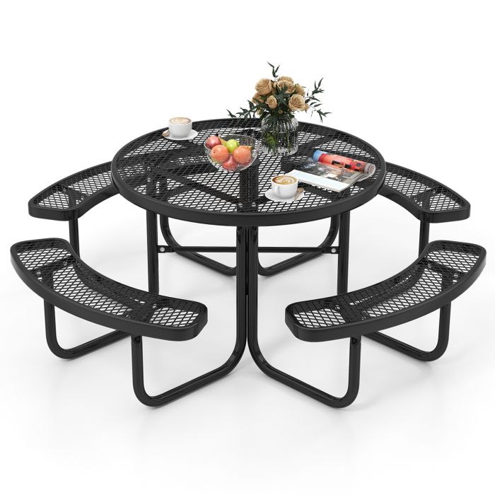 Garden Table - Outdoor Round Picnic Table and Bench Set for 8 with Seats and Umbrella Hole-Black