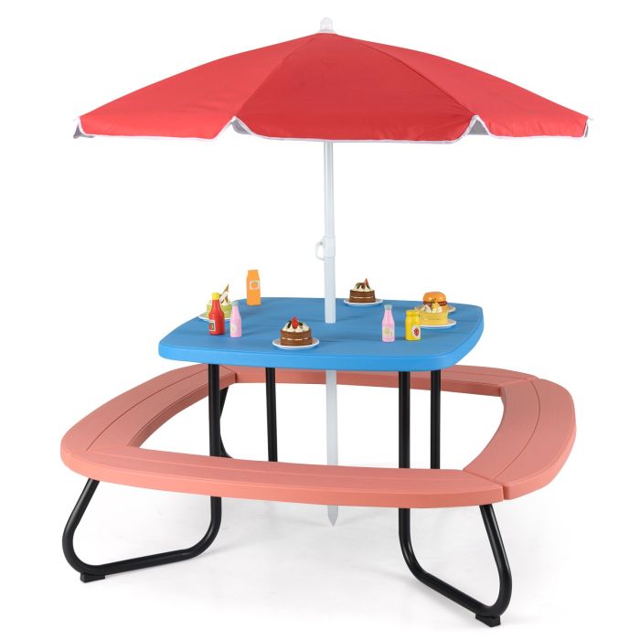 ORREUR Children HDPE Kids Picnic Table with Height Adjustable Umbrella-Blue