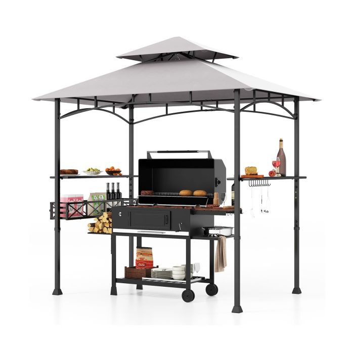 Garden Gazebo - Outdoor Grill Gazebo Double Tiered BBQ Canopy Tent with 2 Side Shelves-Grey