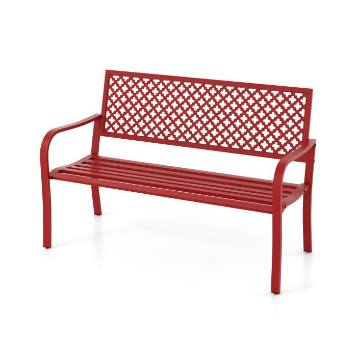 Garden Bench - 2-Person Metal Garden Bench with Slatted Seat and Backrest-Red