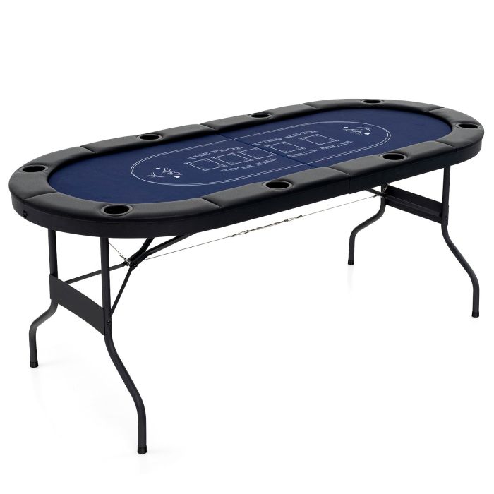 ULSI Foldable Poker Table for 8 Players Portable Oval Card Board with Cup Holders-Blue