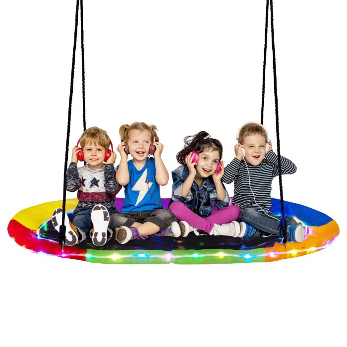 Kids Swing Set - 150 cm Saucer Swing with LED Lights and Adjustable Ropes-Colourful