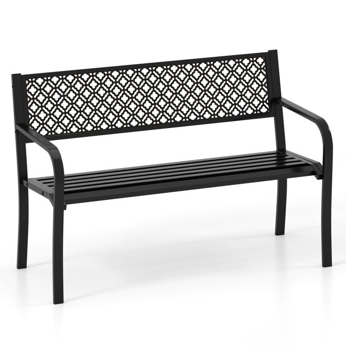 OVVAVA Metal Outdoor Garden Patio Bench with Geometric Lattice Backrest-Black