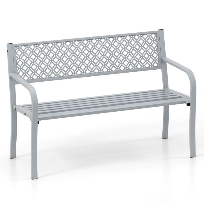 OVVAVA Metal Outdoor Garden Patio Bench with Geometric Lattice Backrest-Grey