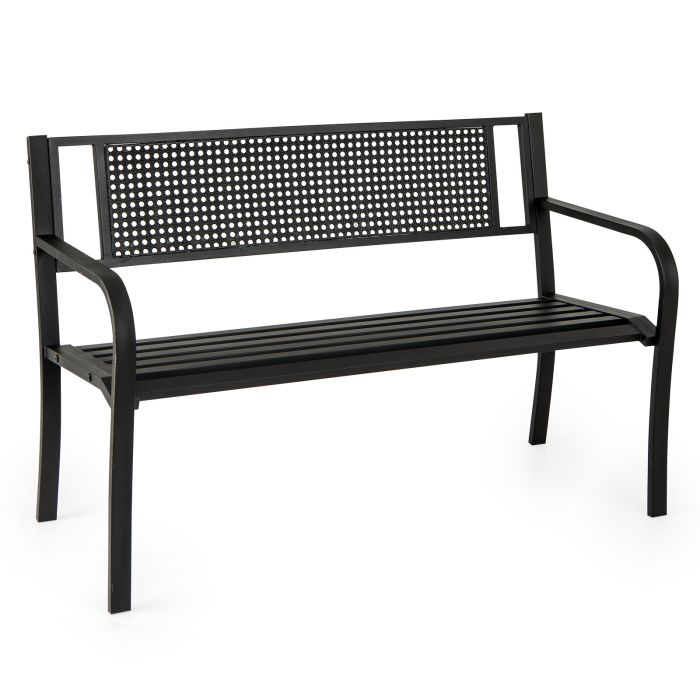 2-3-Persons Outdoor Garden Bench with Patterned Backrest and Curved Armrests-Black