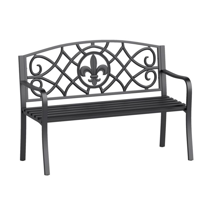 50.5 Inch Outdoor Garden Bench for 2-3 with Cast Iron Floral Backrest-Black
