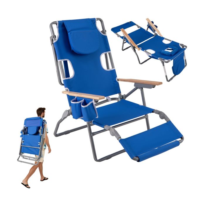 LOXMEREEN 3-IN-1 Foldable Beach Chair Lay-Flat Tanning Chair with Face Hole-Navy