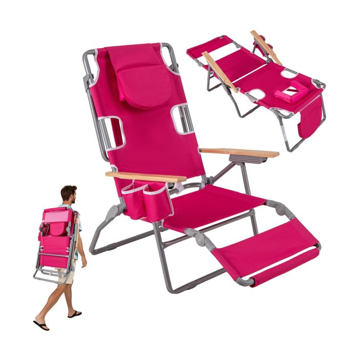 LOXMEREEN 3-IN-1 Foldable Beach Chair Lay-Flat Tanning Chair with Face Hole-Pink