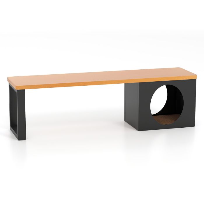 150 CM 3-Person Long Outdoor Metal Bench with Cat House and Scratching Pad-Coffee