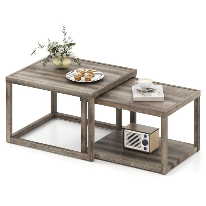 Nesting Coffee Table Set of 2 with Storage Shelf and Rubber Wood Frame-Grey