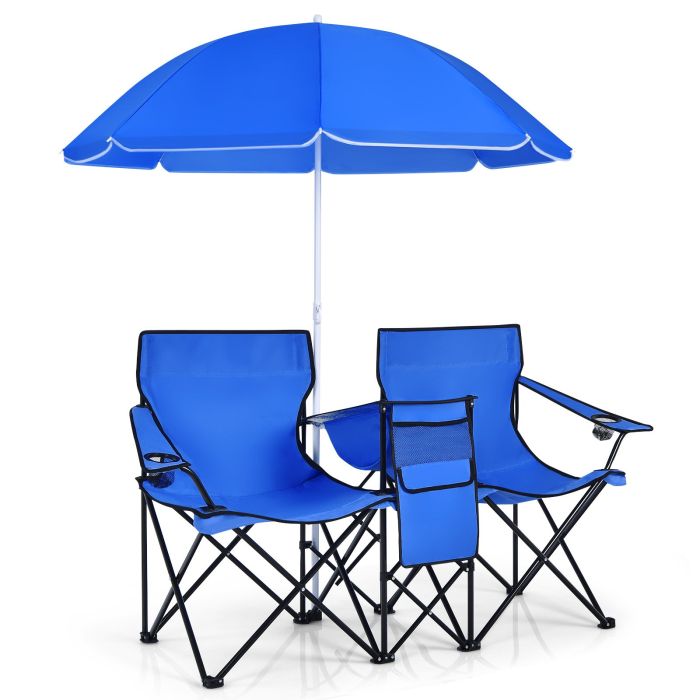 Camp Furniture - Portable Double Camping Chair with Umbrella and Ice Bag